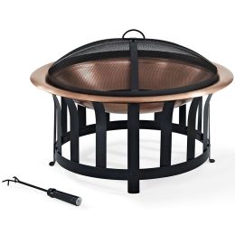 Oversized Copper Bowl Fire Pit with Black Steel Frame Poker and Spark Screen