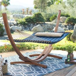 Blue 2-Person Quilted Hammock with Durable Wood Frame Stand