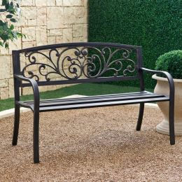 Outdoor Garden Bench with Slatted Seat and Rustic Metal Finish