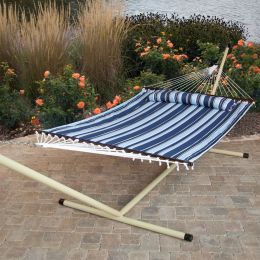 Blue Navy Stripe Quilted 13-Ft Hammock with Heavy Duty Bronze Metal Stand