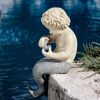 Young Little Sitting Mermaid Garden Statue with Oyster and Pearl