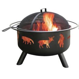 Large Black Steel Outdoor Fire Pit with Bear Deer Animals