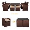 (Limited time purchase) Outdoor 9 Pcs Wood Grain PE Wicker Rattan Dining Ottoman with Tempered Glass Table Patio Furniture Set XH