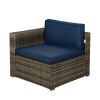 Beefurni Outdoor Garden Patio Furniture 7-Piece Dark Gray PE Rattan Wicker Sectional Navy Cushioned Sofa Sets with 2 Begie Pillows