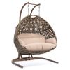 Brown Wicker Hanging Double-Seat Swing Chair with Stand w/Beige Cushion
