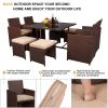 (Limited time purchase) Outdoor 9 Pcs Wood Grain PE Wicker Rattan Dining Ottoman with Tempered Glass Table Patio Furniture Set XH