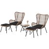 Outdoor Patio 5-Piece Rattan Conversation Set, PE Wicker Arm Chairs with Stools and Tempered Glass Tea Table for Balcony, Natural Rattan+Dark Gray