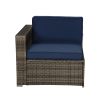 Beefurni Outdoor Garden Patio Furniture 5-Piece Dark Gray PE Rattan Wicker Sectional Navy Cushioned Sofa Sets with 2 Begie Pillows