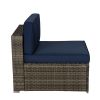 Beefurni Outdoor Garden Patio Furniture 7-Piece Dark Gray PE Rattan Wicker Sectional Navy Cushioned Sofa Sets with 2 Begie Pillows