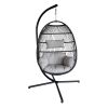 Large Folding Hanging Egg Chair with Stand Outdoor Patio Swing Egg Chair with Grey Cushion, 330LBS Capacity