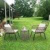 3-Piece Patio Wicker Conversation Bistro Set with 2 Chairs & Glass Top Side Table & Cushions Tan