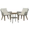 Patio 3-Piece Bistro Set Woven-Rope Conversation Set with Wood Tabletop and Cushions for Balcony, Gray Rope+Beige Fabric