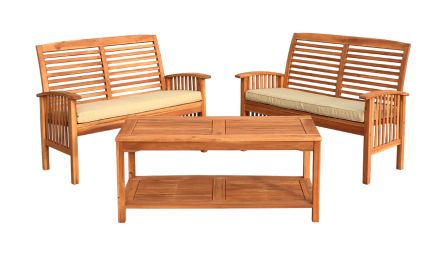 WE Furniture 3 Piece Brown Acacia Outdoor Patio Conversation Set