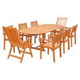 Eco-Friendly 9-Piece Wood Outdoor Dining Set  with Oval Extension Table, Folding Arm Chairs, and Stacking Chairs V144SET31