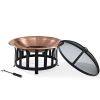 Oversized Copper Bowl Fire Pit with Black Steel Frame Poker and Spark Screen