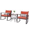 Outdoor 3-Piece Rattan Rocking Chairs and Table Set with Red Cushions