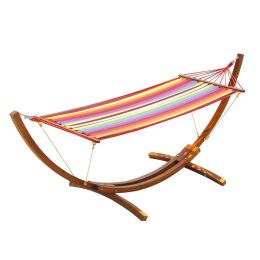 Patio Garden Portable Outdoor Polyester Hammock Set Red With Hammock Stand And Handbag (Color: Wood)
