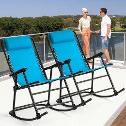 Outdoor Patio Headrest Folding Zero Gravity Rocking Chair (Color: Turquoise)