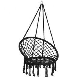 Comfortable And Safe Hanging Hammock Chair With Handwoven Macrame Cotton Backrest (Color: Black)