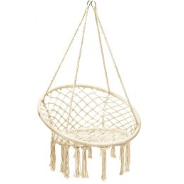 Comfortable And Safe Hanging Hammock Chair With Handwoven Macrame Cotton Backrest (Color: Natural)