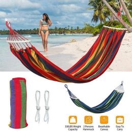 Camping Travel Beach Double Hammock Canvas Hanging Hammock Swing Bed (Color: Red Stripe)