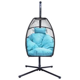 Hanging Egg Swing Chair with Stand Hammock Chair with Soft Cushion and Pillow for Backyard, Garden, Patio XH (Color: Blue)