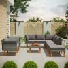 9-Piece Outdoor Patio Garden Wicker Sofa Set, Gray PE Rattan Sofa Set, with Wood Legs, Acacia Wood Tabletop, Armrest Chairs with Cushions